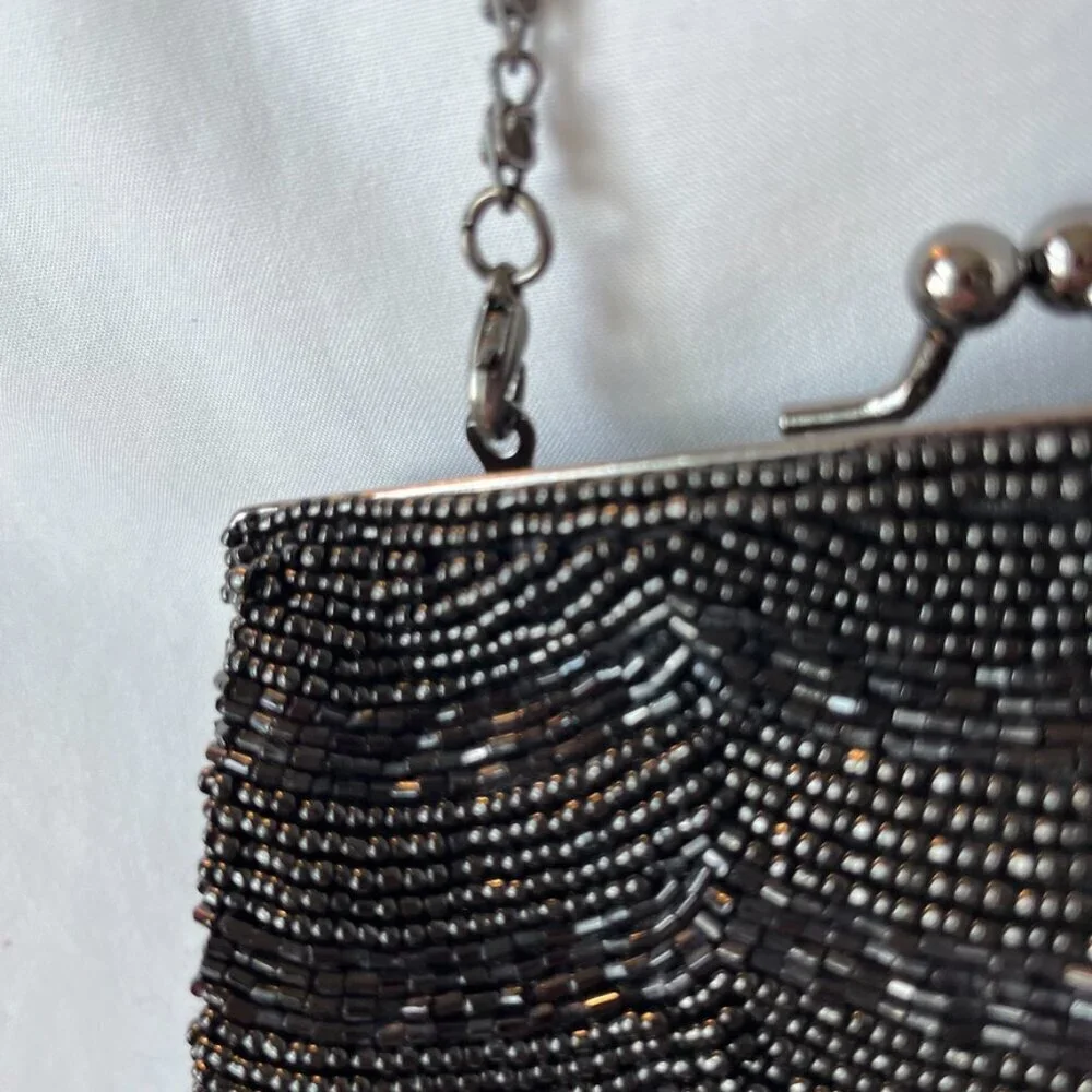 Carlo Fellini Black Formal Evening Bag Detailed Beadwork Clutch w  Chain NWT - Picture 4 of 12